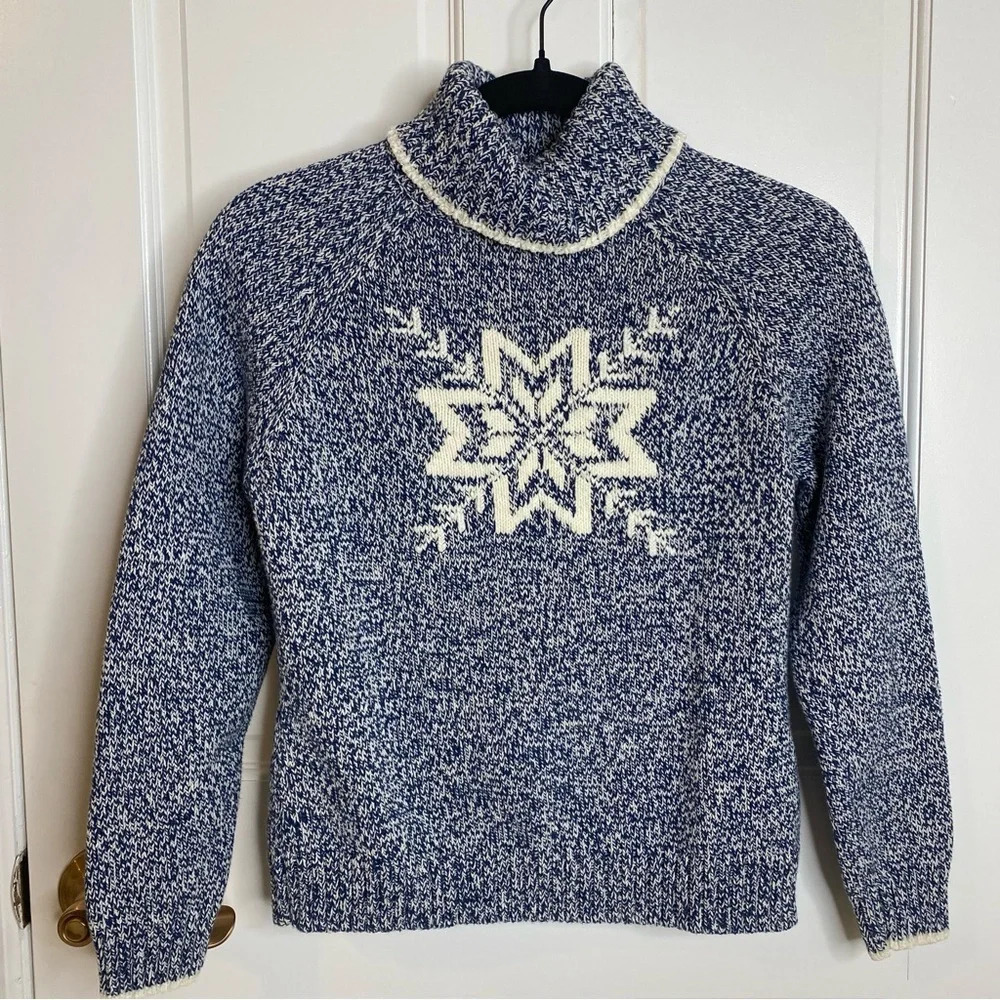 Vintage Liz Claiborne Blue Marled Knit Long Sleeve Snowflake Turtleneck …